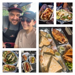 a chef couple cooking food from a food truck