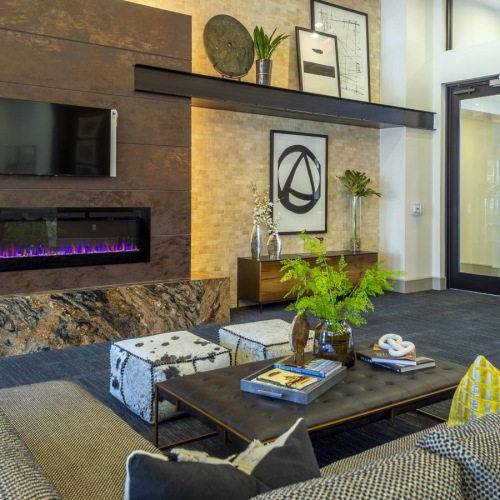 a room with a fireplace